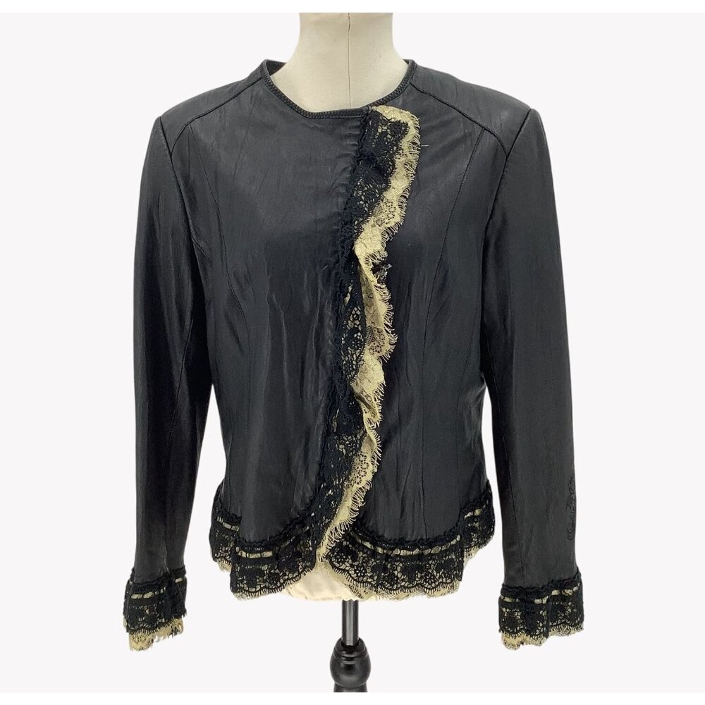 Peter Nygard Womens Black Genuine Leather Jacket With Lace Trim Size 16 - Picture 4 of 10